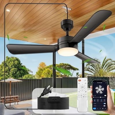 ライト付き天井扇風機,36インチLED扇風機 ハック付き吊り灯,フック型天井扇風機,プラグイン天井扇風機ライト,40W,3000-6500k,リモコン,キャンプベッドのためのポータブル扇風機,パティオ,黒) N DFFFFFN`